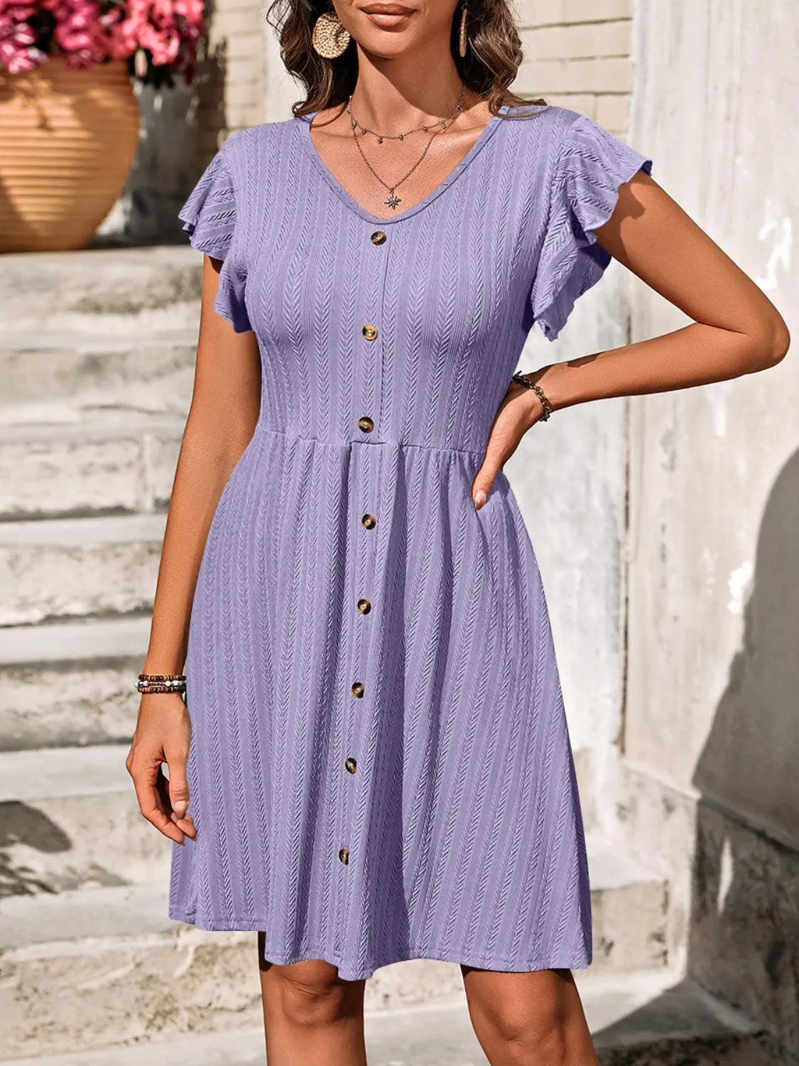 V-Neck Ruffled Cap Sleeve Dress