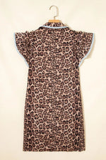 Leopard Print Lace Trim Shirt Collar Button Down Loose Mini Dress