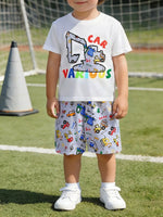 Children's Cartoon Car Print Short Sleeve Tee and Shorts Set
