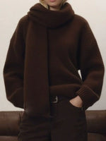 Oversized V-Neck Dropped Shoulder Sweater with Scarf
