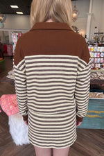 Stripe Contrast Trim Button Neck Long Sleeve Top Drawstring Mini Skirt Set