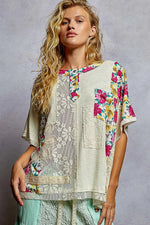 POL Lace Round Neck Short Sleeve Floral Pattern Top with Patch Detail