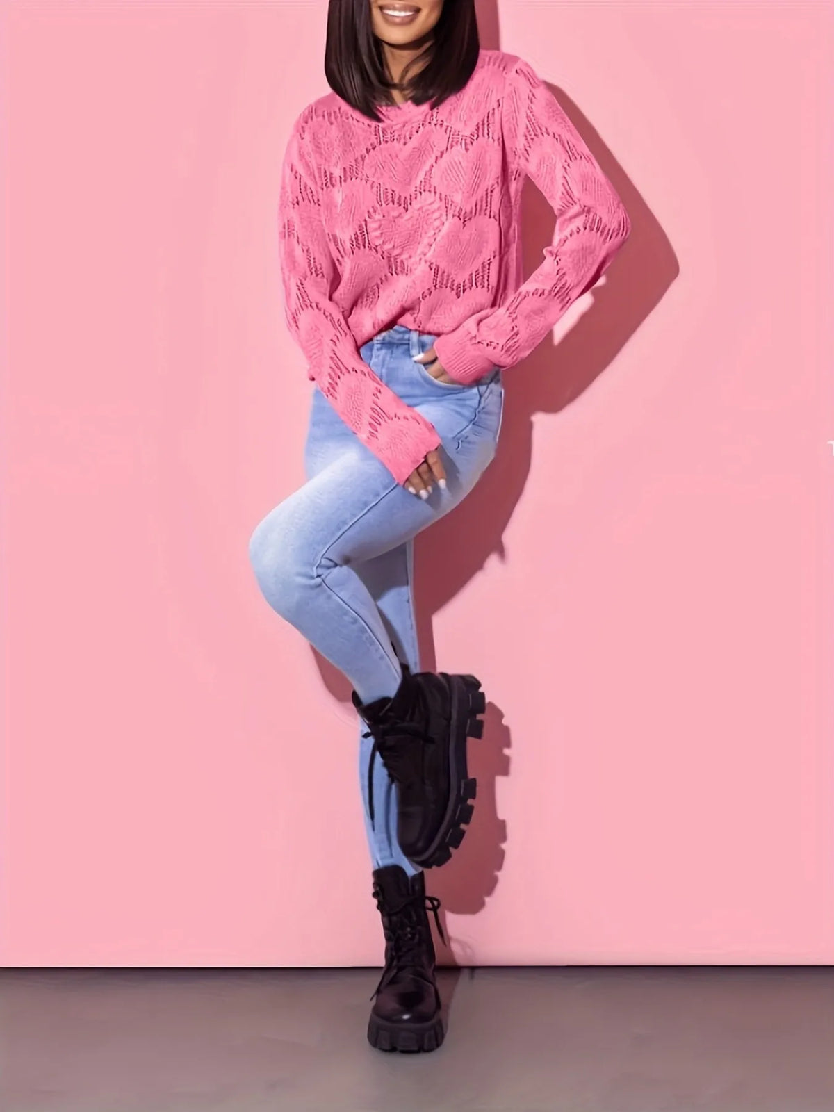 Heart Round Neck Long Sleeve Sweater
