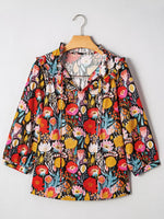 Floral 3/4 Puff Sleeve Tied Neck Blouse