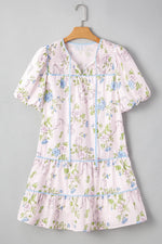 Printed Tie Neck Short Sleeve Mini Dress