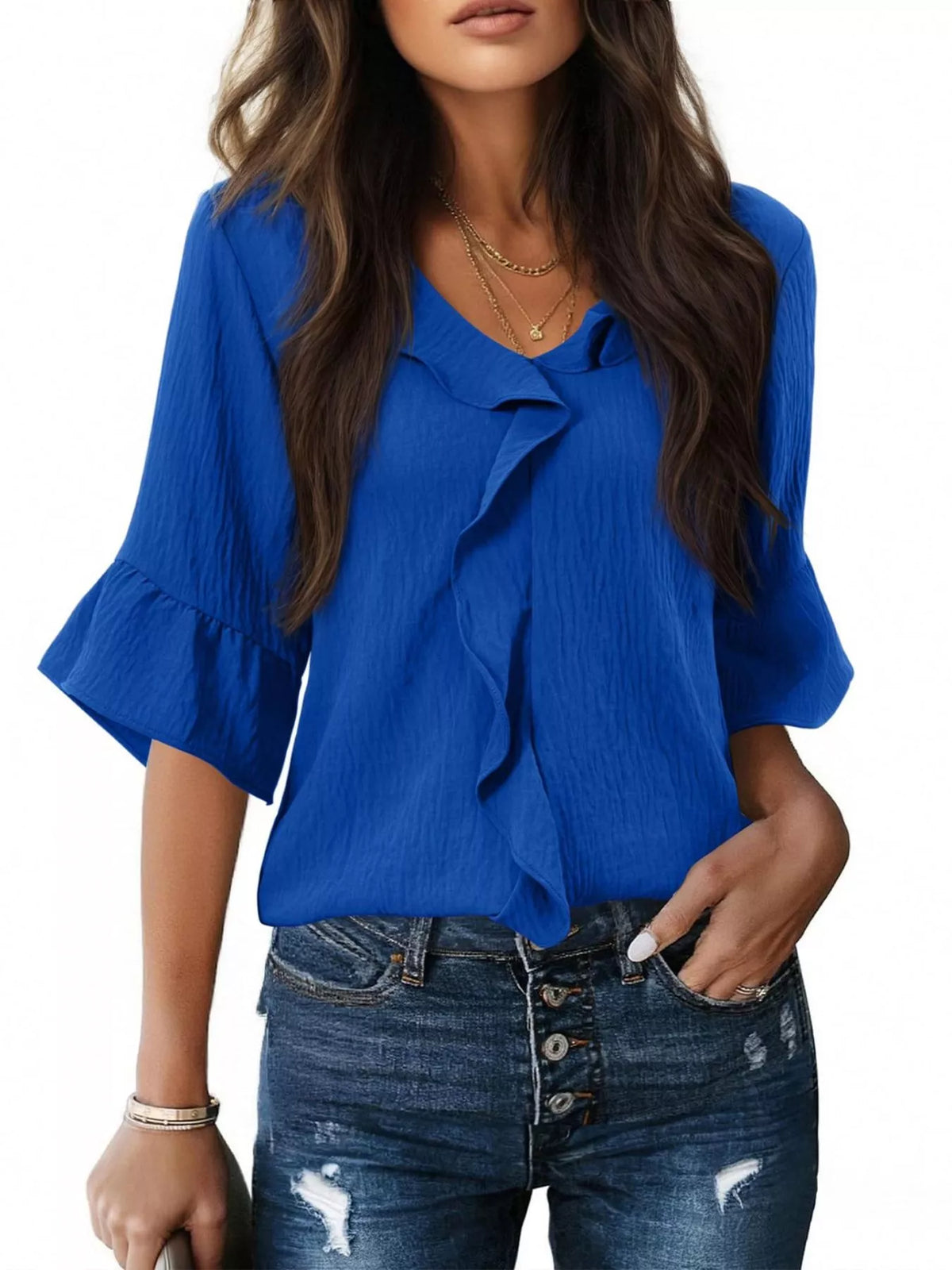 Ruffle Trim V-Neck Blouse