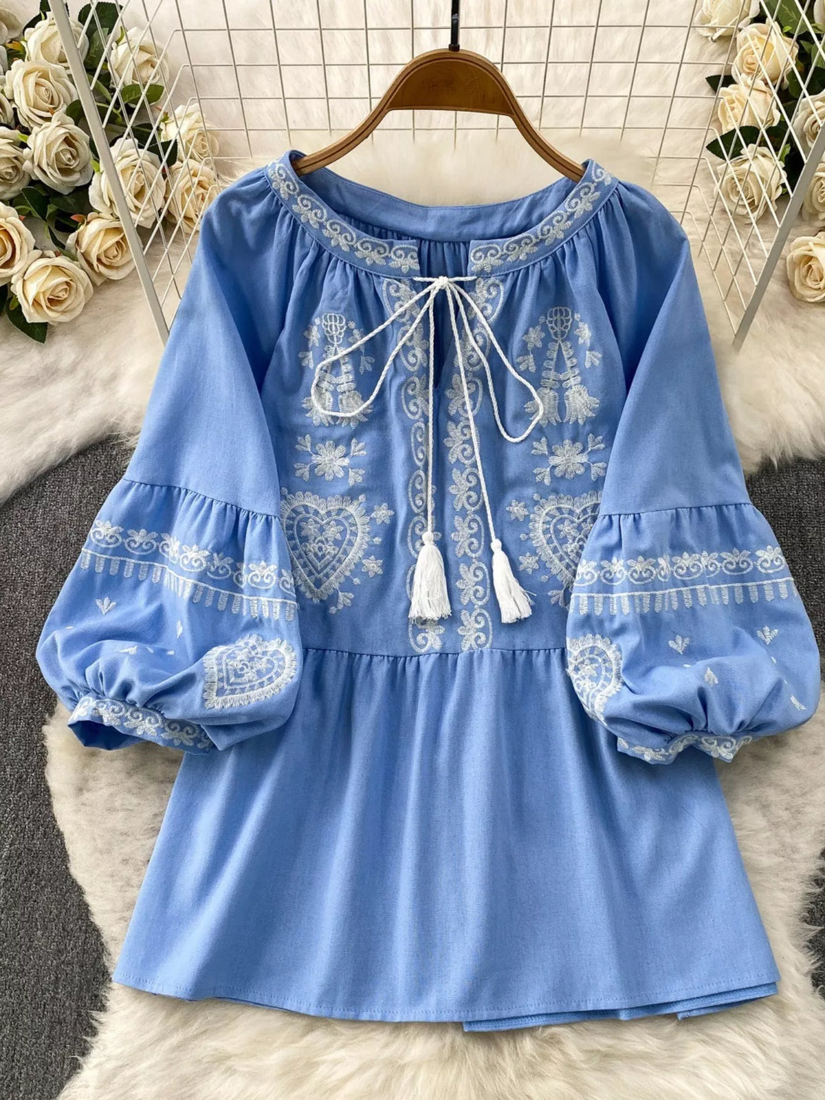 Embroidered Tie Neck Blouse