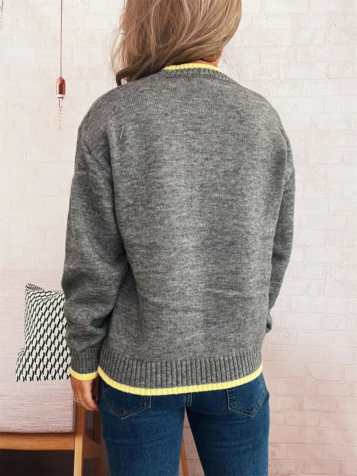 Ribbed Contrast Trim Long Sleeve Sweater