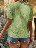 Full Size Lace Detail Eyelet V-Neck Short Sleeve Blouse Plus Size