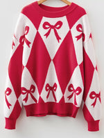 Bow Print 2-Tone Rhombus Knit Loose Sweater