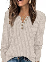 Ribbed Knit Button-Front Long Sleeve T-Shirt