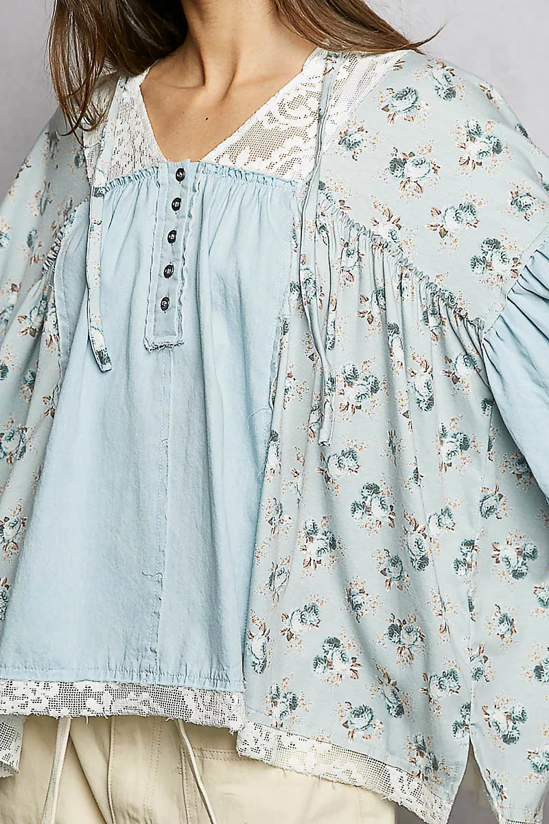 POL Double Gauze Floral Patch Blouse with Lace Detail