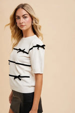 Annie Wear Striped Bow Round Neck Knit Top