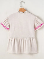 Floral Embroidered Short Sleeve Notched Blouse