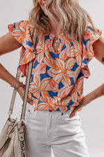 Flower Print Notched Neck Ruffle Sleeve Blouse