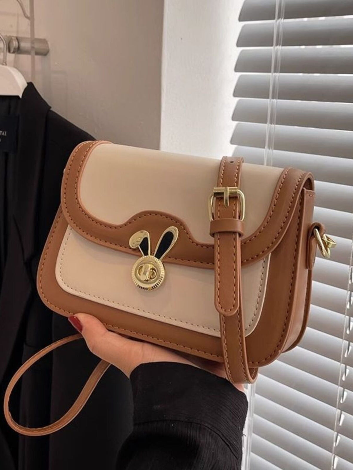 Rabbit Decor Color Block Flap Crossbody Bag