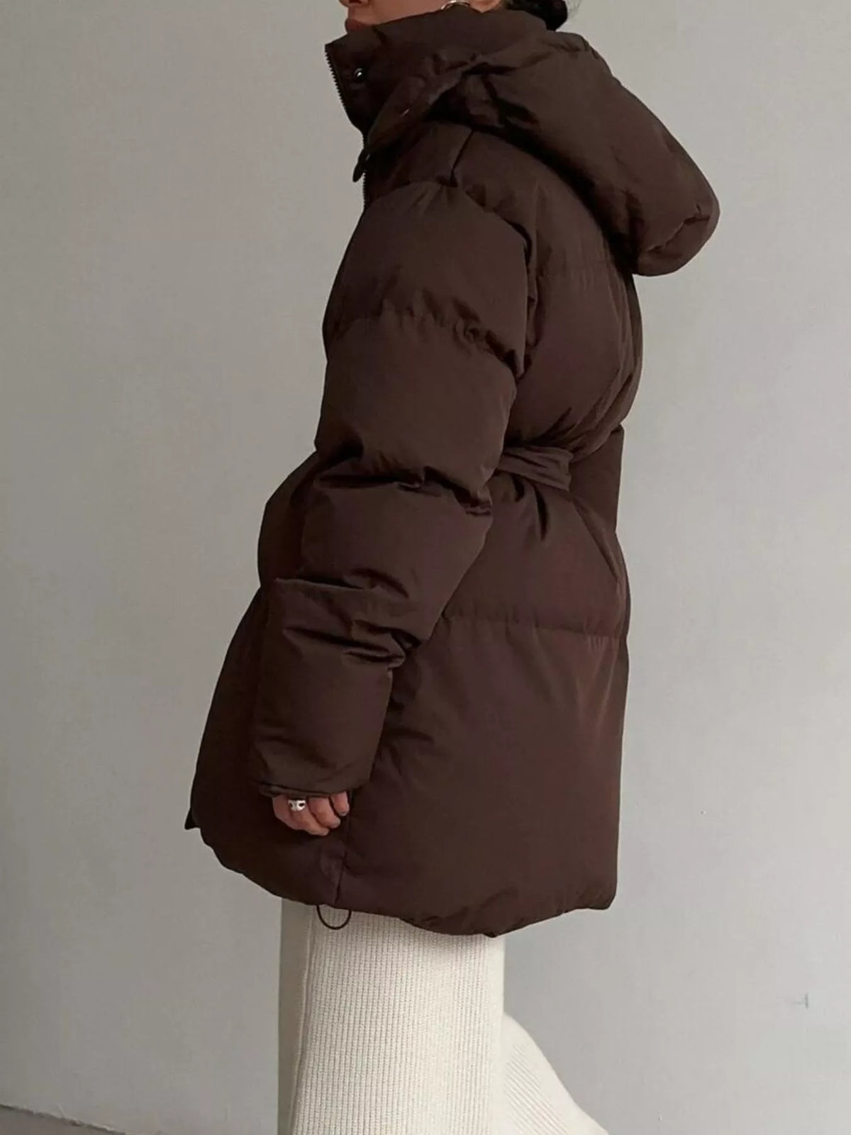Mid-Length Thickened Hooded Winter Coat with Belted