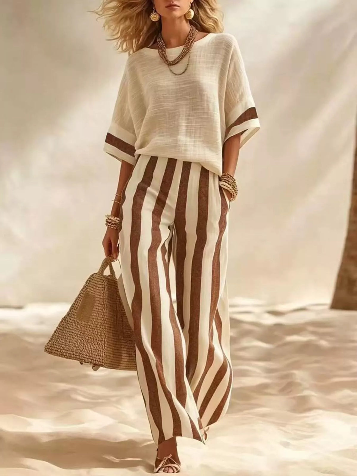 Full Size Striped Half Sleeve Top and Pants Set Plus Size