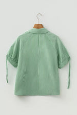 Striped Print Collared Split Neck Half Sleeve Blouse