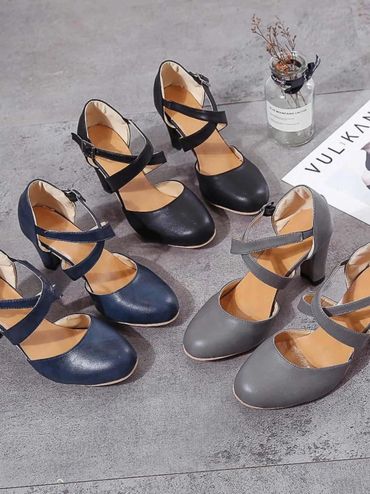 Cross-Strap Block Heel Pumps