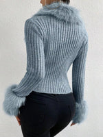 Faux Fur Trim Ribbed Knit Cropped Cardigan