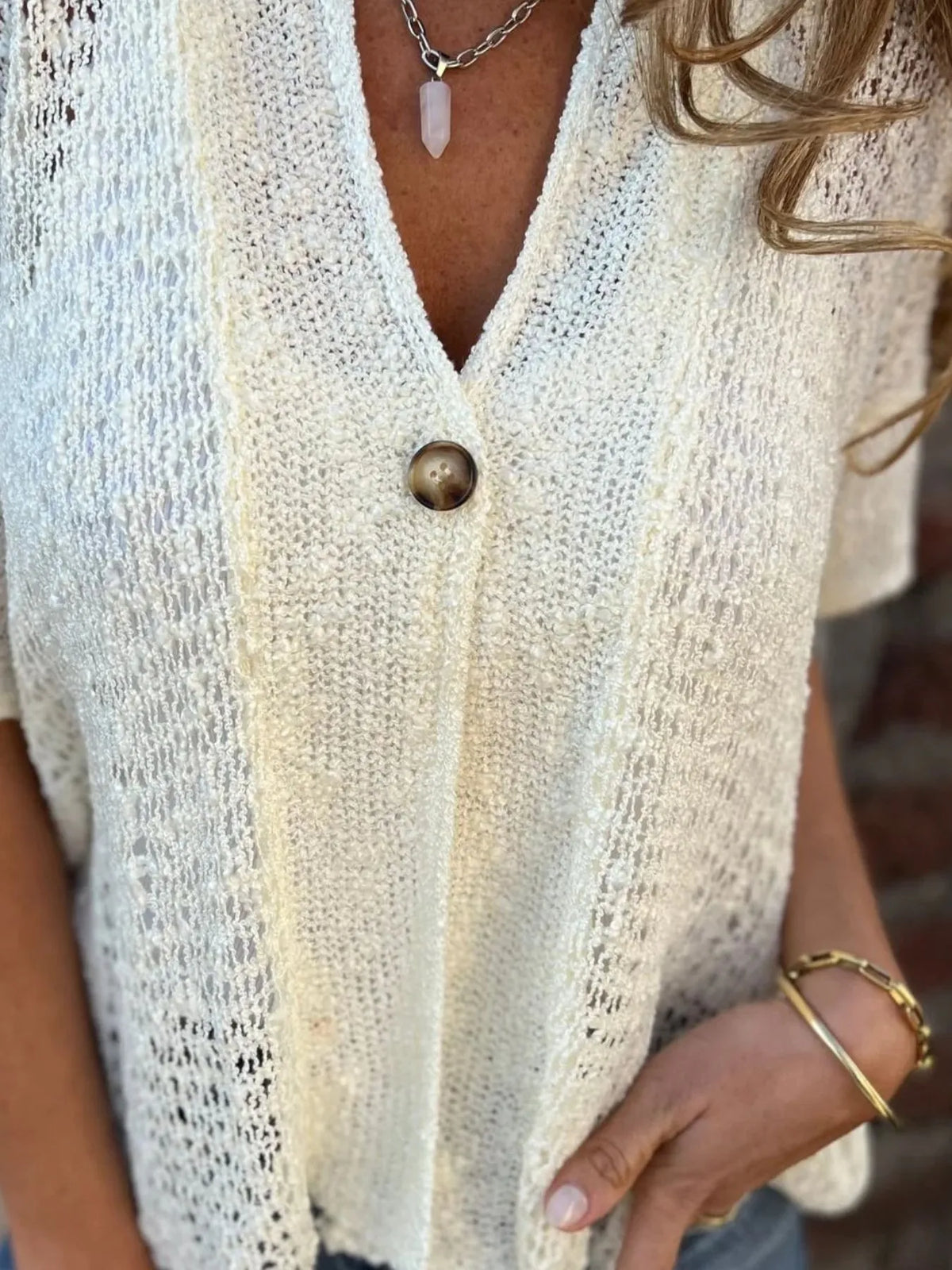 Full Size One Button Openwork Cardigan Plus Size