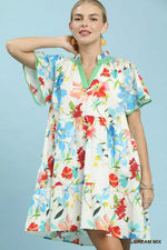 Umgee Watercolor Floral Print Dress with Contrast Trim