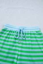 Stripe Colorblock Detail Puff Sleeve Top Drawstring Shorts 2pcs Outfit