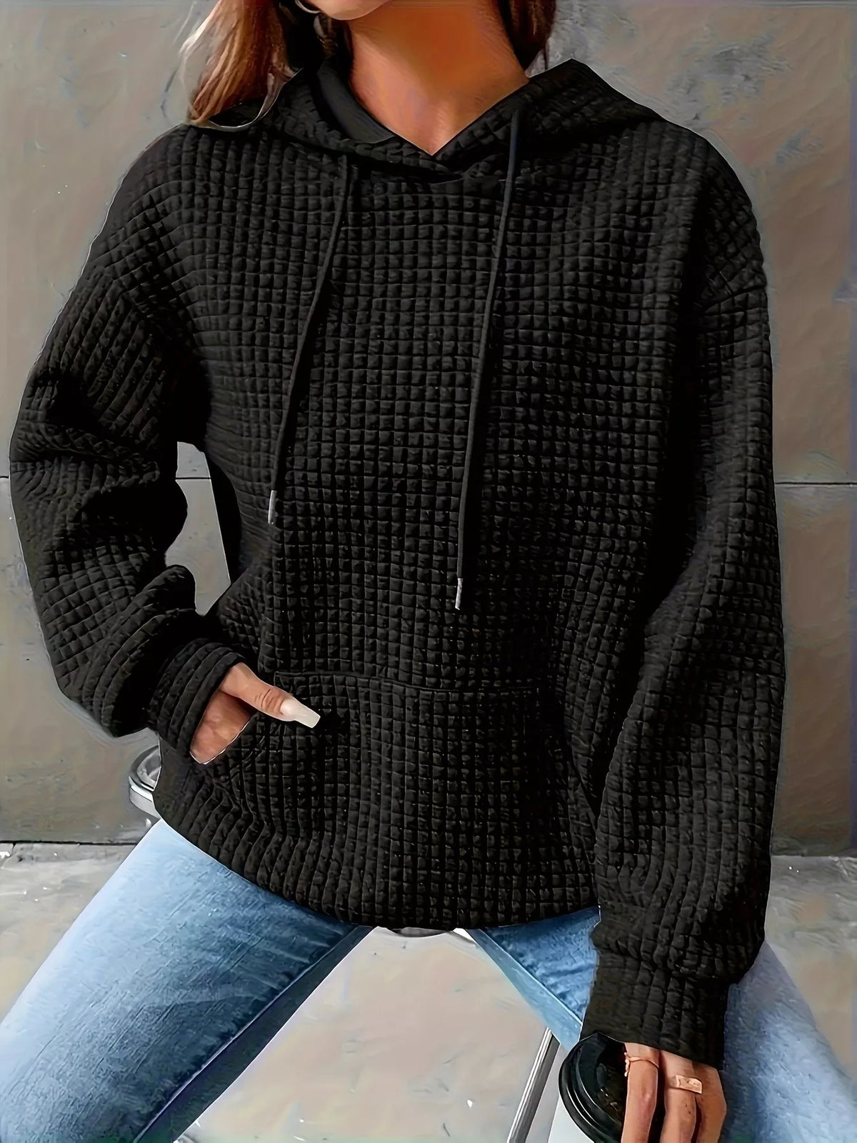 Textured Knit Drawstring Hoodie