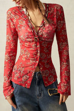 FloralButton-Front Shirt with Bell Sleeves