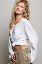 POL Contrast Hand-Stitch V-Neck Lightweight Knit Long Sleeve Top