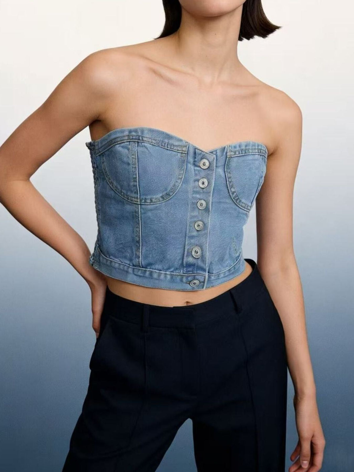 Button-Front Denim Tube Top