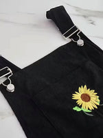 Embroidered Sunflower Wide Strap Overalls with Pockets