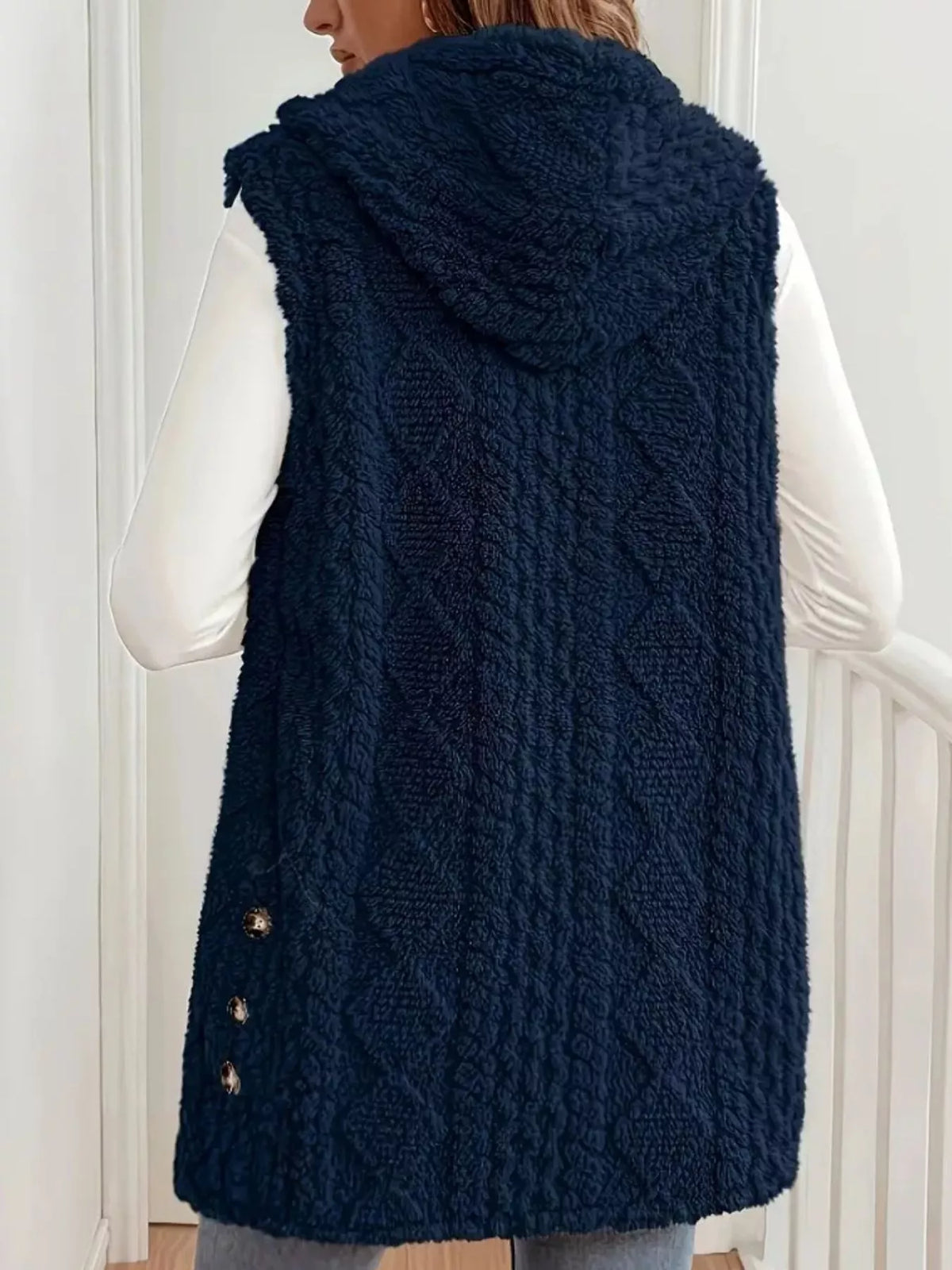 Hooded Button-Up Sherpa Vest Coat