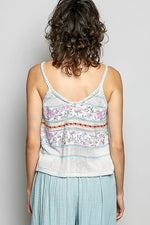 POL Printed Contrast Button Down Cami with Trim Detail and Blanket Stitch