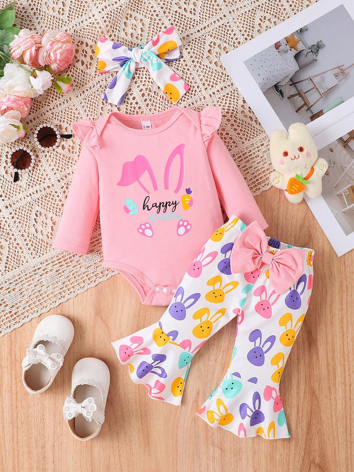 Children's Letter Ruffled Trim Bodysuit and Pants Set with Headband