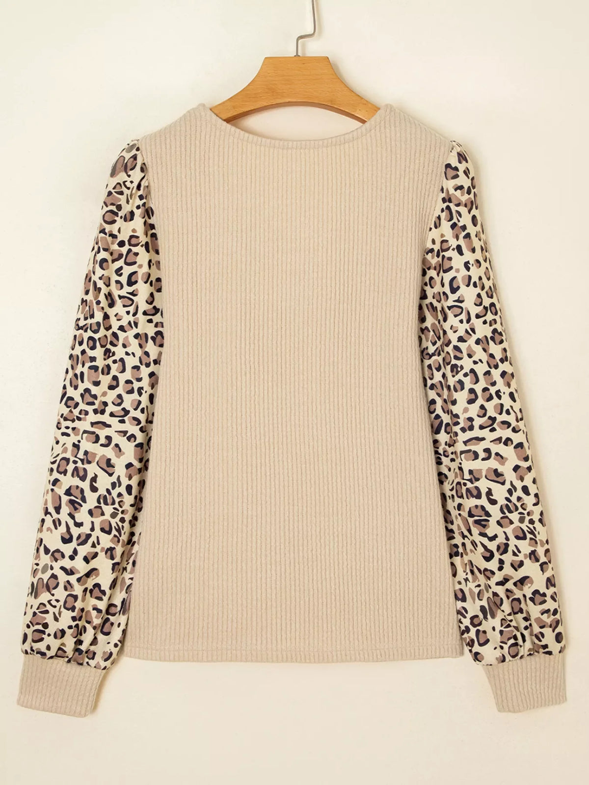 Leopard Sleeve Patchwork Ribbed Knit U Neck Top