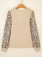 Leopard Sleeve Patchwork Ribbed Knit U Neck Top
