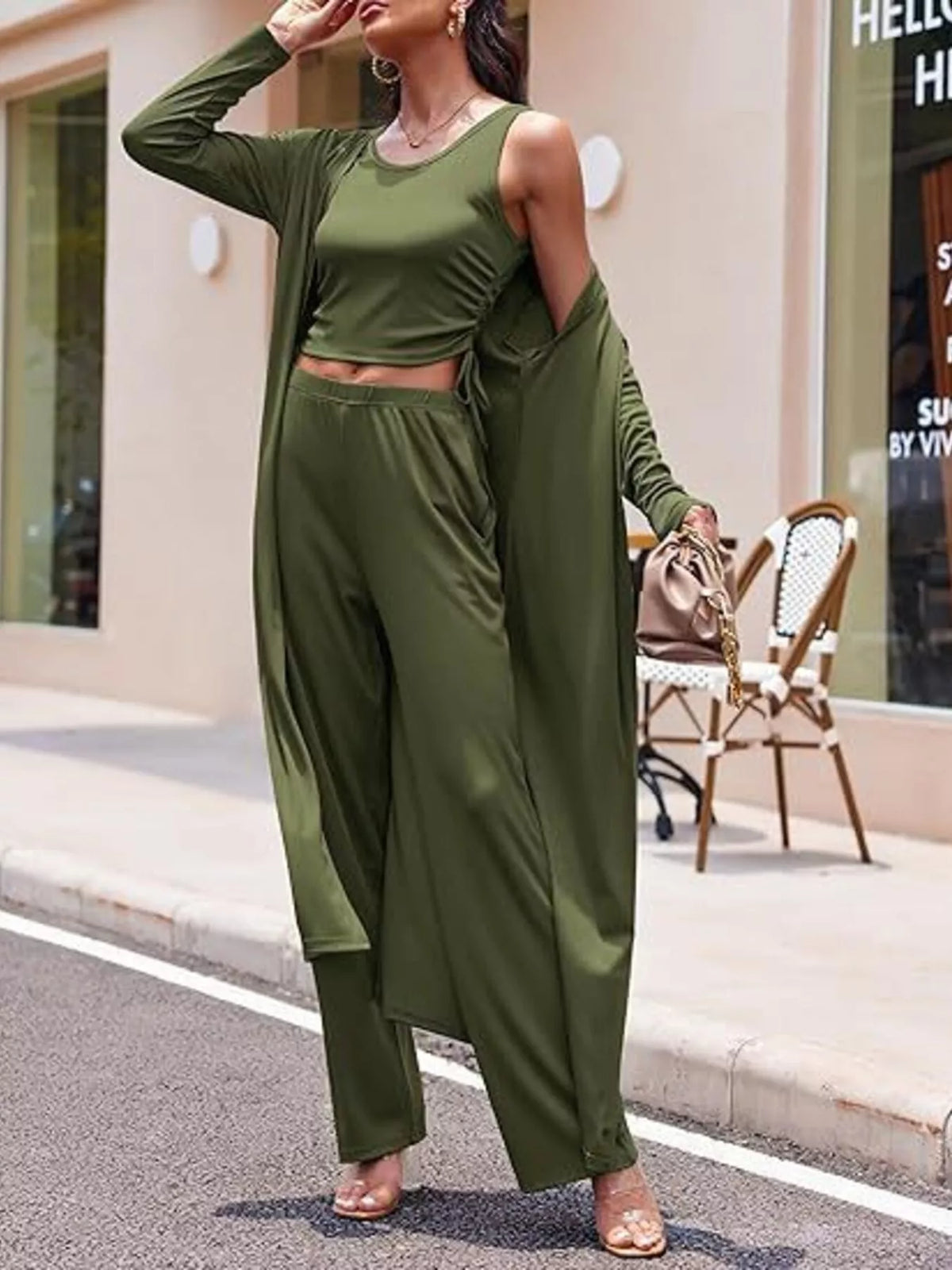 Round Neck Tank & Cardigan & Pants Set