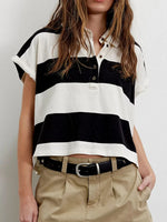 Striped Collared Neck Short Sleeve Top