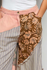 POL Striped Floral Patchwork Wide leg Pants with Side Big Star Patch
