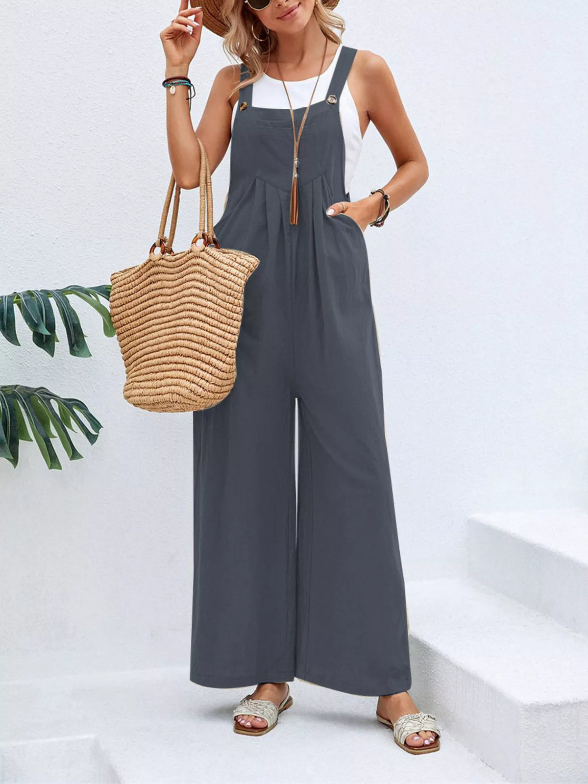 Full Size Casual Wide-Leg Overalls with Pockets Plus Size