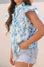 Floral Print Ruffle Sleeve Frilly Button Up Shirt