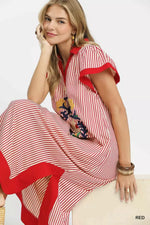 Umgee Floral Embroidered Stripe Dress with Side Slits