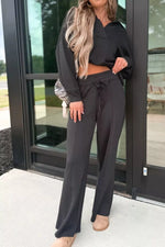 Collared V Neck Pullover Sweatshirt Sweatpants Set