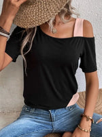 Asymmetrical Cold Shoulder Color Block T-Shirt
