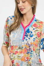 Umgee Floral Contrast Pleat Neck Top