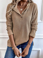 Ribbed Knit Button Detail Long Sleeve T-Shirt