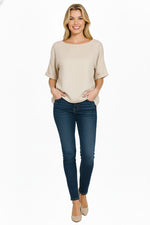 Zenana Linen Round Neck Cuffed Sleeve Top