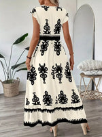Printed V-Neck Ruffled Cap Sleeve Dress